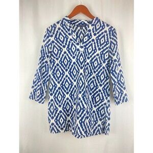 Brooks Brothers 346 Womens M Navy Blue Geometric Print V-Neck Tunic Preppy Flowy